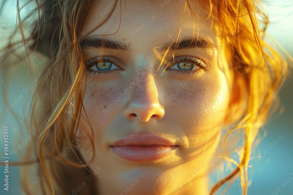 Close-up shot capturing the intense gaze and intricate freckles of a woman, with golden sunlight enhancing her features Close-up shot capturing the intense gaze and intricate freckles of a woman, with golden sunlight enhancing her features