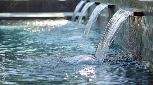 Crystal clear water cascades into a tranquil swimming pool  creating a serene and luxurious spa atmosphere with shimmering reflections.