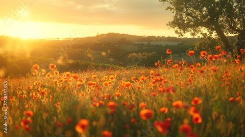 A serene image of a poppy field at sunset  with the warm golden light casting a soft glow over the flowers and surrounding landscape.