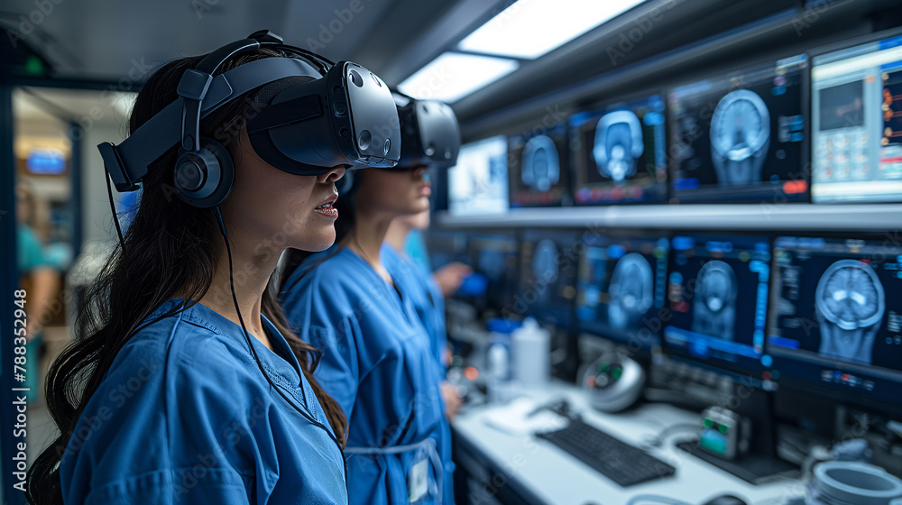 Medical Simulation healthcare professionals using VR technology to simulate surgical procedures or medical scenarios for training purposes, immersive and realistic training opportunities by VR. Medical Simulation healthcare professionals using VR technology to simulate surgical procedures or medical scenarios for training purposes, immersive and realistic training opportunities by VR.