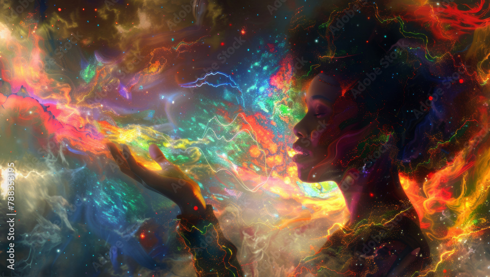 Double exposure, colorful and woman in galaxy with abstract dream of clouds or zen in universe. Sky, cosmic and person with calm by psychedelic, spiritual and space background with stars for fantasy.