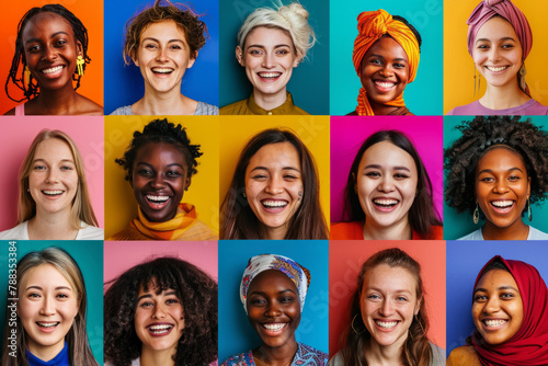 A vibrant montage of smiling faces from women of all ages, ethnicities, races, and geographic origins, against a colorful, flat backdrop