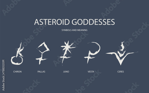 Astrological designations, aspects for astrologer. the meaning of the planets. Vector set pictogram elements constellation illustration for ancient alchemy: chiron, pallas, juno, vesta, ceres. photo