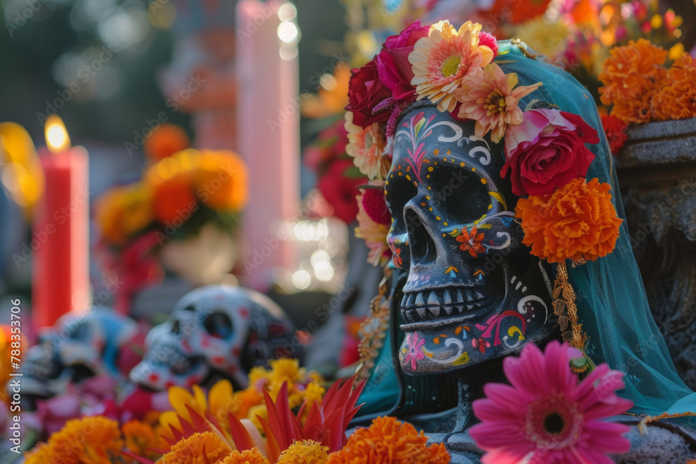 Traditional Mexican Dia de los Muertos or Cinco de Mayo celebration featuring a flower-adorned skull, La Llorona, and La Santa Muerte at a desert altar