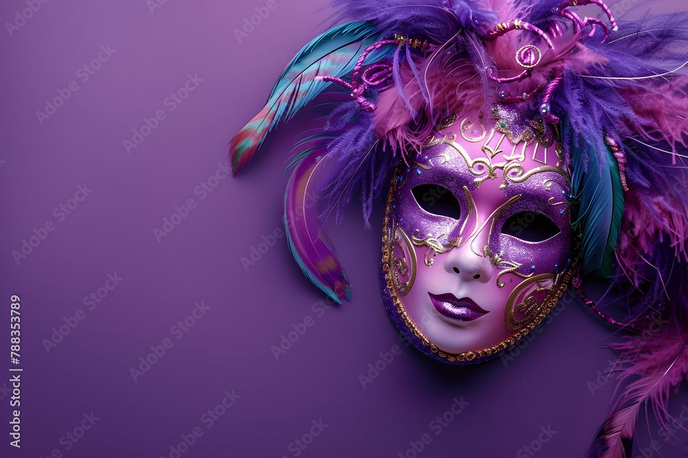 A festive masquerade mask with feathers, isolated on a carnival purple background, whispering secrets of the night 