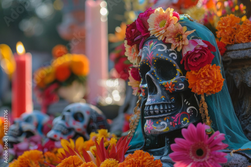 Traditional Mexican Dia de los Muertos or Cinco de Mayo celebration featuring a flower-adorned skull  La Llorona  and La Santa Muerte at a desert altar