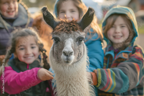 Group of smiling children interact with a llama, radiating happiness and curiosity in a sunny outdoor setting photo