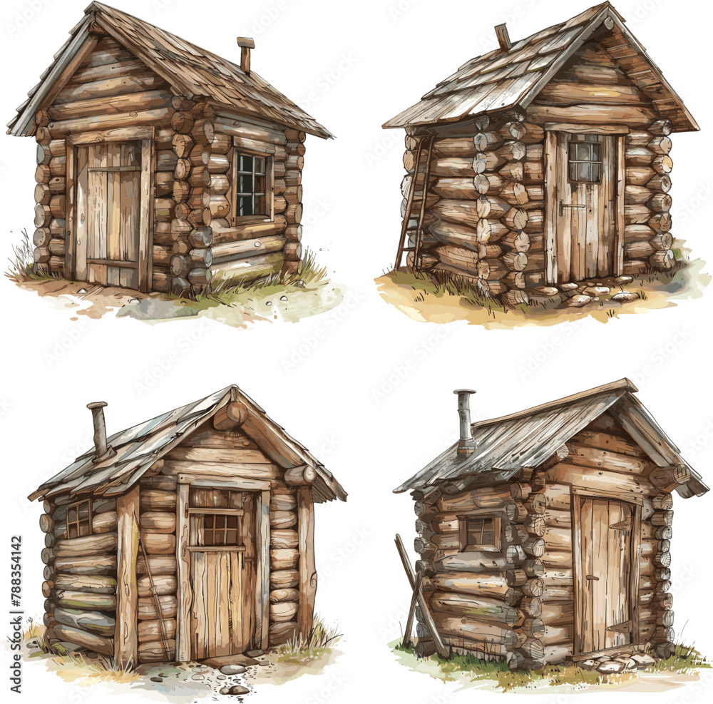 Color engraving raster illustration set of Wooden hut isolated on white background Color engraving raster illustration set of Wooden hut isolated on white background