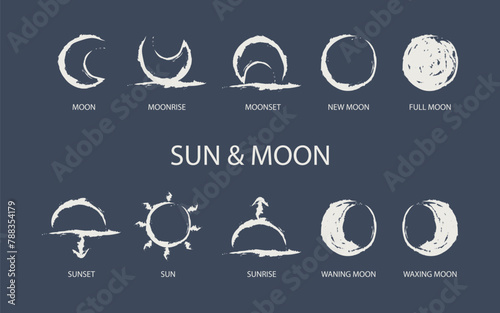 Astrological designations, aspects for astrologer. the meaning of the planets, study of astrology. Vector set pictogram elements constellation illustration for ancient alchemy: sun and moon