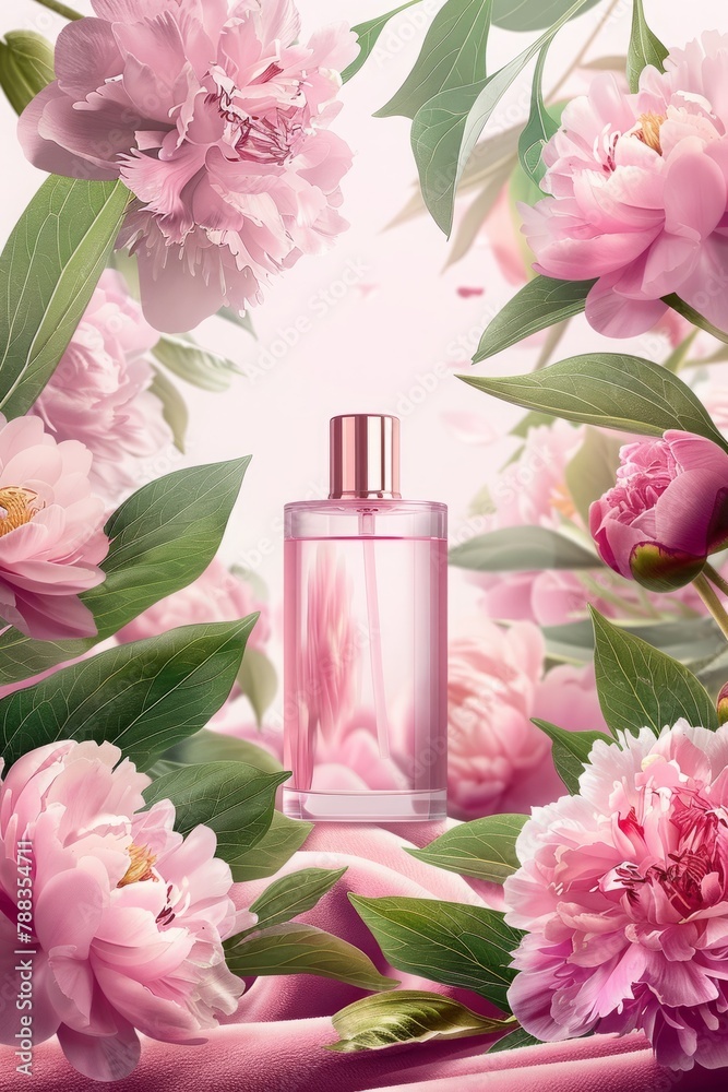 A bottle of perfume is surrounded by pink flowers A bottle of perfume is surrounded by pink flowers