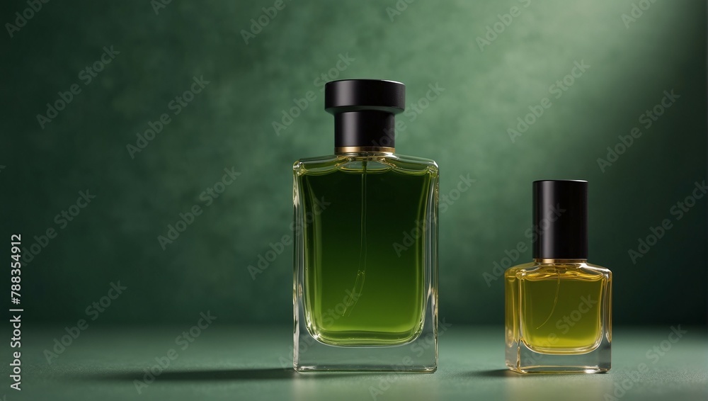 two glass bottles of different sizes with stylish perfumes with unique aroma on a green background two glass bottles of different sizes with stylish perfumes with unique aroma on a green background