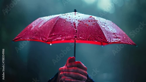 Hand holding red umbrella in the rain. Close-up with raindrops on fabric. Weather protection and personal care concept photo