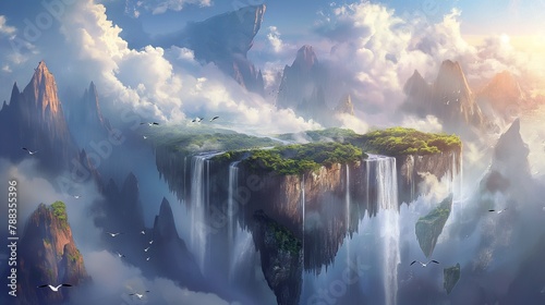 A breathtaking vista of a floating island shrouded in mist  with cascading waterfalls pouring over the sheer cliffs into crystal-clear pools below  surrounded by fluffy clouds and soaring birds