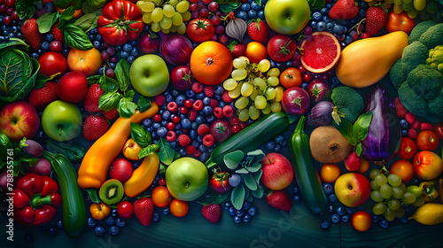 Background of vegetables  fruits and berries. Top view of organic plant products for healthy eating. Bright colorful illustration that awakens your appetite. Illustration for cover or interior design.
