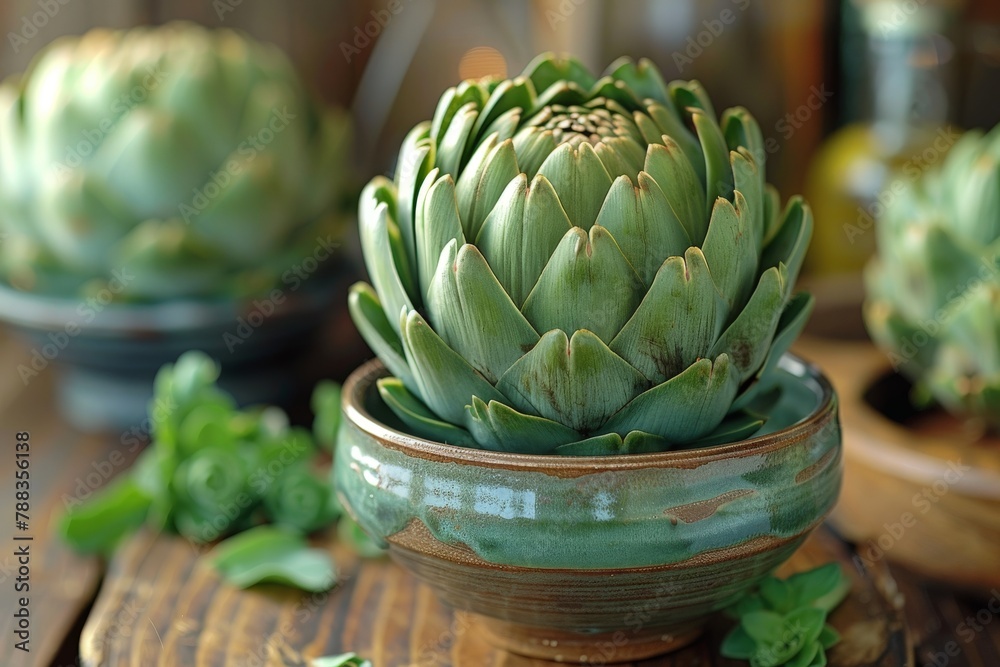 Obraz premium An inviting image showcasing a fresh green artichoke in a rustic ceramic bowl placed on a wooden table with a soft background