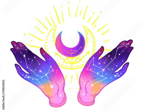 Open hand with the all-seeing eye on the palm. Occult design vector illustration. Dotwork ink tattoo flash design. Vector illustration isolated on white. Astrology, Sacred Spirit. Masonic sign.