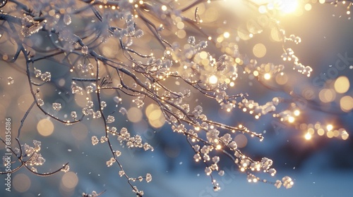 Frost-covered branches of a graceful tree, sparkling in the sunlight and creating a magical, wintry ambiance.