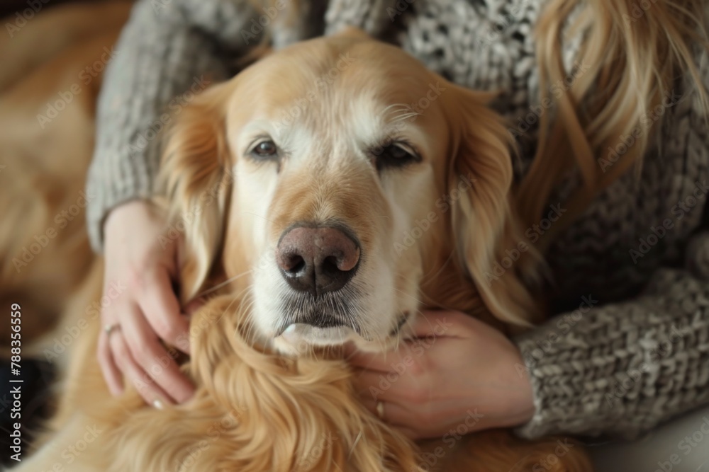 Shared moments. Back view of female blonde caressing furry dog behind ears during leisure time at cozy apartment. Young woman and golden retriever enjoying bonding interaction together during daytime. Shared moments. Back view of female blonde caressing furry dog behind ears during leisure time at cozy apartment. Young woman and golden retriever enjoying bonding interaction together during daytime.