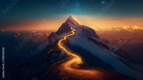 glowing path to the top of the mountain, business success strategy, development and growth concept © Prasanth