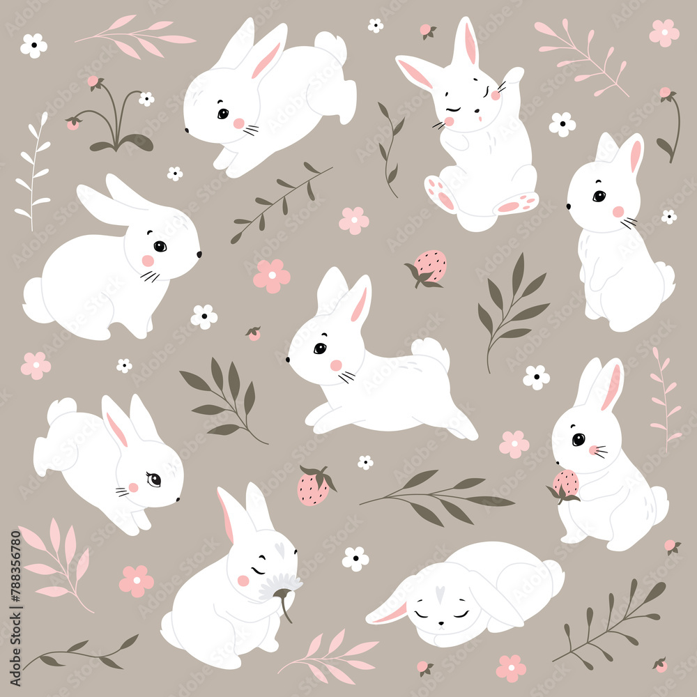 Happy Easter, decorated easter bunny for cards, banner. Bunnies, flowers, branch, decor. Folk style patterned design.Cute cartoon rabbits. Funny white hares, Easter bunnies. Standing, sitting, running