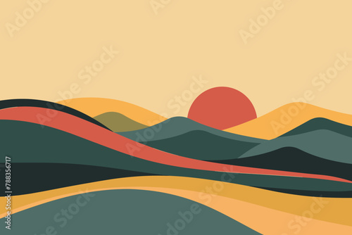 Abstract landscape with red sun and colorful hills