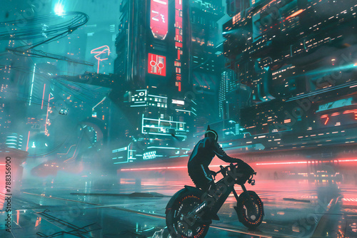 Action shot of a man riding a bicycle in a futuristic city