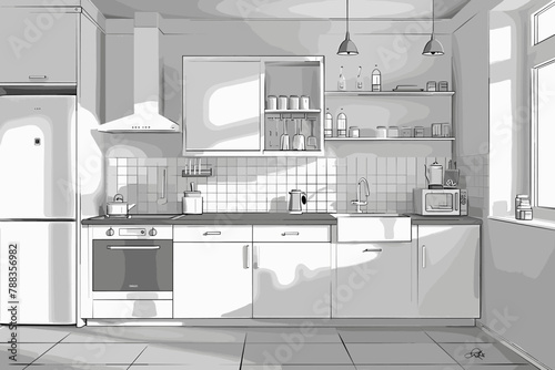 Monochrome modern kitchen interior design illustration.