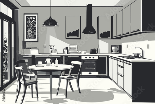 Black and white contemporary kitchen and dining area.