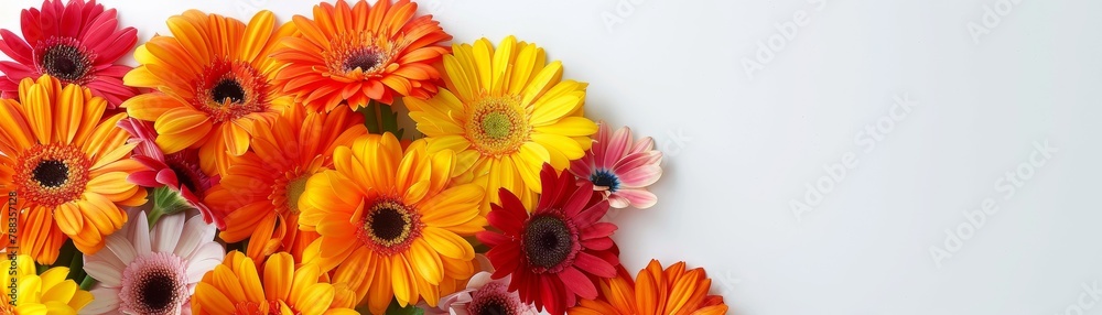 A bright and cheerful scene of a child with a bouquet of multi-colored gerberas, against a clean white background, designed with space for text on the right A bright and cheerful scene of a child with a bouquet of multi-colored gerberas, against a clean white background, designed with space for text on the right