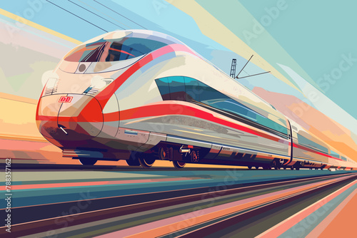 High-speed train during sunset illustration.