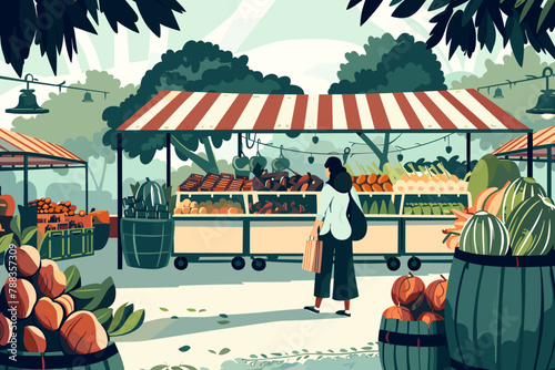 Woman shopping at an outdoor fruit stand.