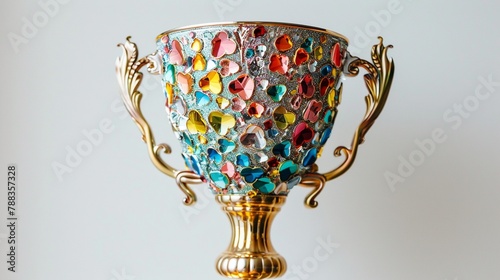 Glittering trophy adorned with colorful details, standing out against a white backdrop, representing victory.