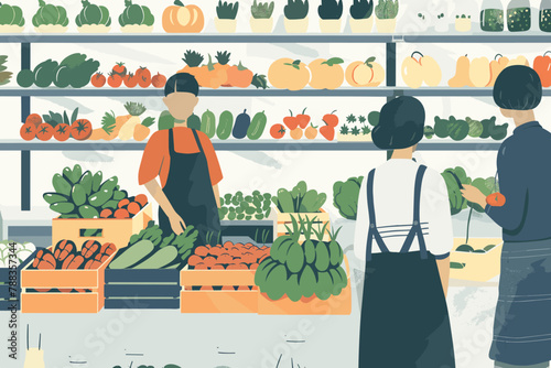Indoor produce market with customers and staff
