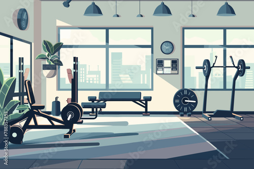 Modern gym interior with urban view.
