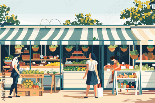 Urban fruit and vegetable market with shoppers.