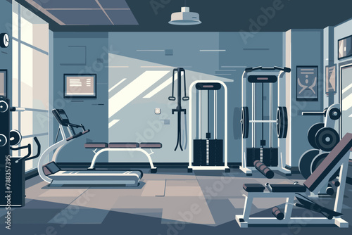 Blue-themed gym with strength training equipment.