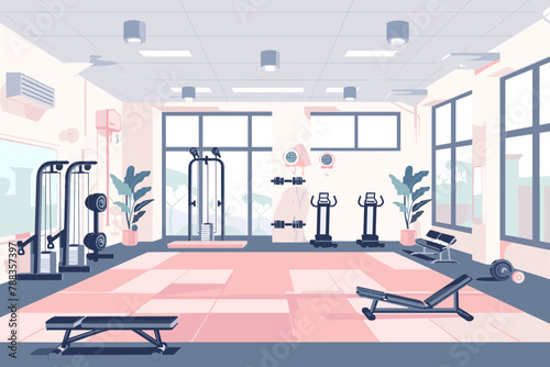 Bright and airy gym with fitness equipment.