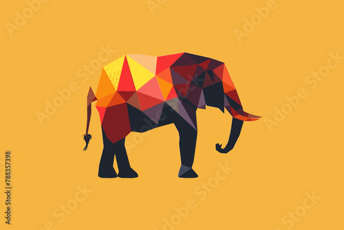 Colorful geometric elephant on a yellow background.