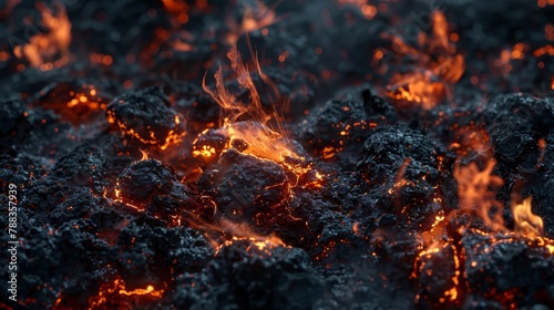 Intense embers glow within charcoal briquettes, a dance of fire and smoke in the darkness