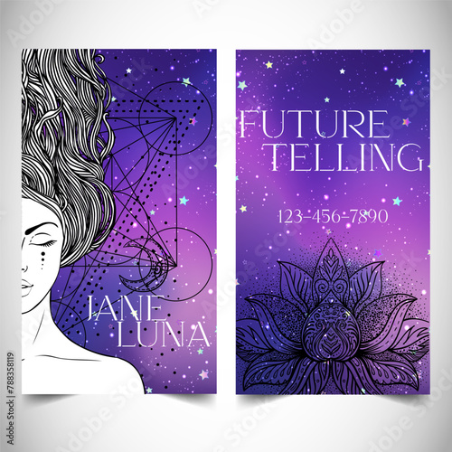 Fortune teller, human design, spiritual coach, mystic healer business card design template. Vector illustration. Magic.