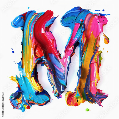 Letter M uppercase. Colorful paint splash on white background