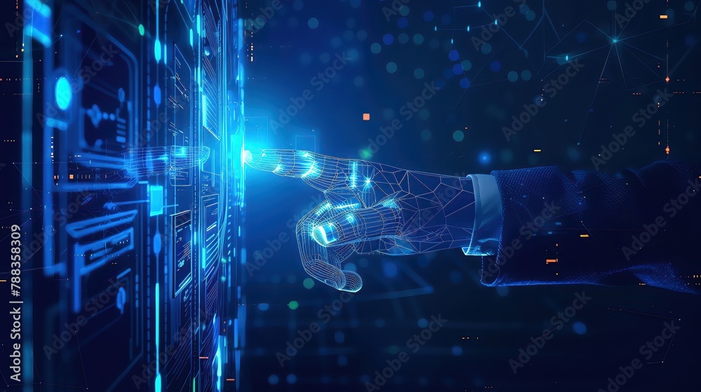 Closeup view of a businessmans hand swiping through a holographic interface, accessing information Closeup view of a businessmans hand swiping through a holographic interface, accessing information
