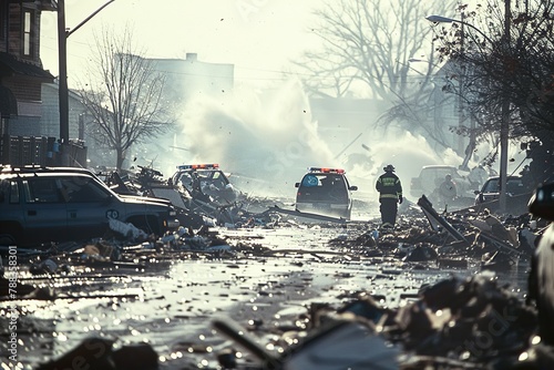 Emergency services navigate a debris-filled street following a disaster, underlining the stark reality of urban search and rescue operations