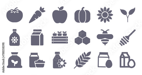 Farm organic products glyph flat icons. Vector solid pictogram set included icon as apple, sunflower oil, honey, seedling, milk, eggs silhouette illustration for harvest.