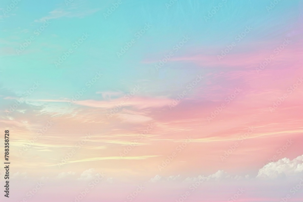 Soft pastel pink and blue sky with fluffy clouds, a serene and tranquil background for graphic designs