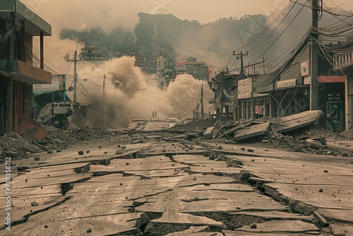 A street scene immediately after an earthquake, with cracked roads and collapsed buildings. 