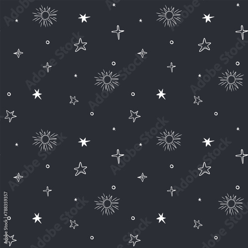 Monochrome seamless pattern with stars and sun. Space background. Space elements.