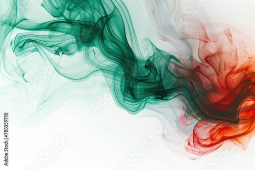  clouds of smoke and patterns texture of different forms of red and green colors with tongues of flame on a white isolated background. Print for t-shirt. Toxic ink.Background of dark green and red wav