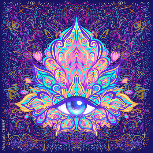Sacred geometry symbol with all seeing eye over in acid colors. Mystic, alche...