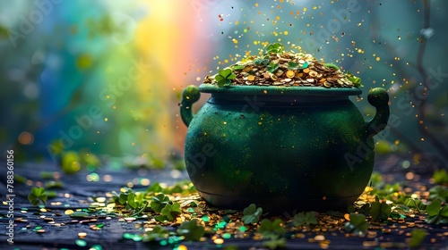 Enchanted Pot of Gold with Rainbow Aura - Magical St. Patrick's Essence. Concept Fantasy Photography, Magical Effects, St, Patrick's Day Theme, Pot of Gold, Rainbow Aura photo